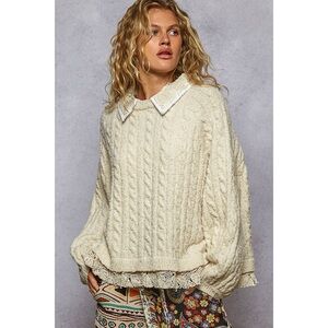 POL Cream Cable Knit Collared Sweater Crochet Lace Hem